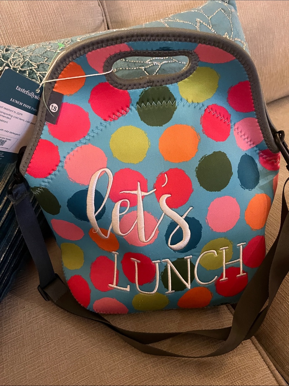 Let's Lunch Polka Dot Tote Lunch Bag - Teal Multicolor by tastefully simple